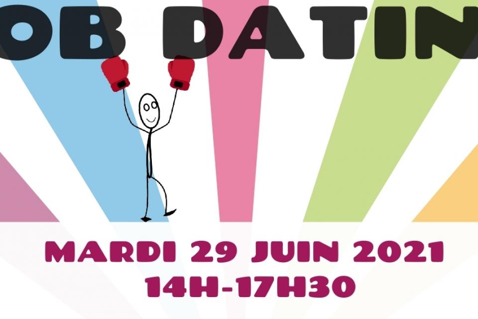 Affiche "Job Dating" de la Mission locale Sud Isère.  mardi 29 juin de 14h à 17h30. Salle des fêtes d'échirolles, 19 avenue du 8 mai 1945. inscription obligatoire auprès de votre conseiller. Venir avec une quinzaine de cv