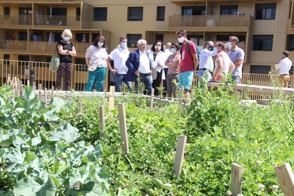 Le maire Renzo Sulli, l'adjointe, à la politique foncière et à l'habitat Laetitia Rabih, la première adjointe Amandine Demore et la conseillère municipale au logement Michèle Robin regardent et échanges au sujet des jardins partagés avec la SDH