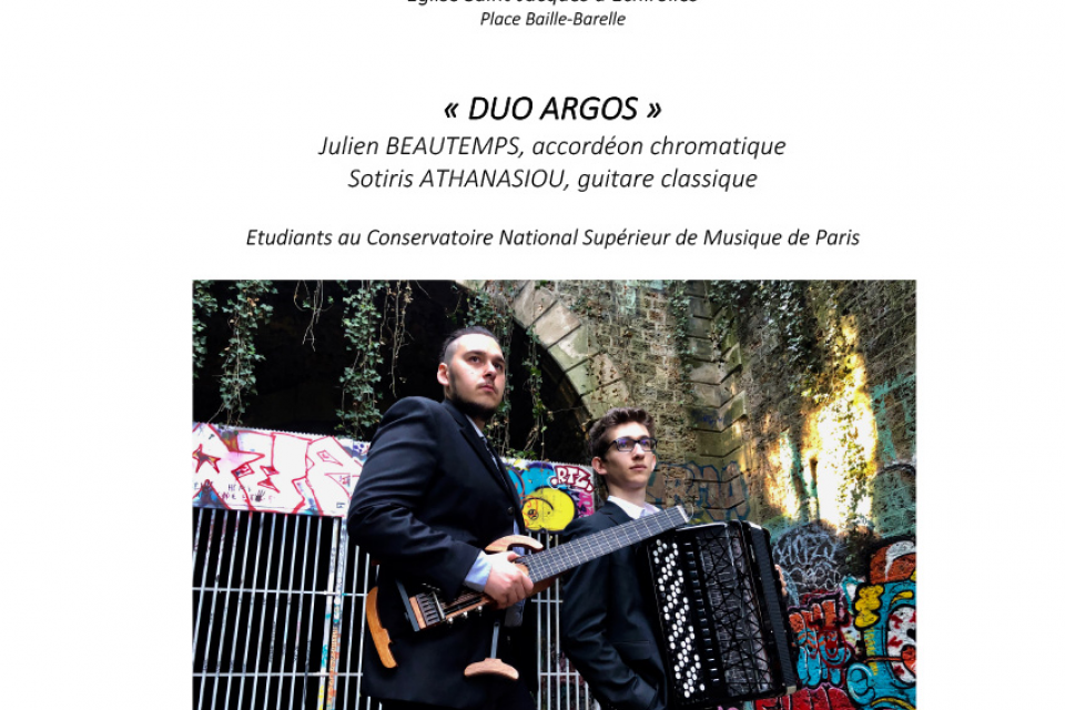 Affiche du concert "Duo Argos" le 20 juin 2021 à 17h30 à l'Eglise saint-Jacques à Echirolles.