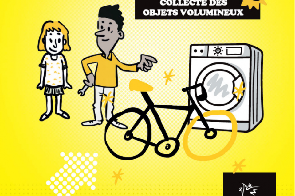 Illustration avec deux personnages, un vélo et une machine à laver