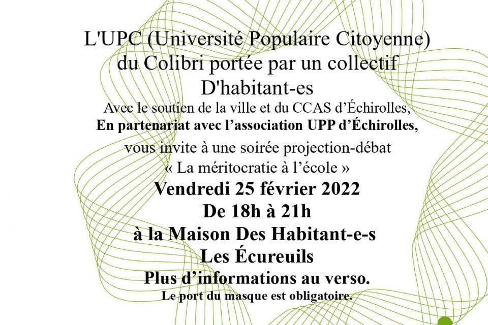 Flyer UPC soirée projection-débat "La méritocratie à l'école"