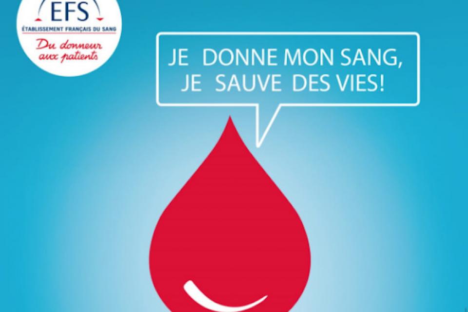 Goutte de sang animée avec texte "je donne mon sang, je sauve des vies !"