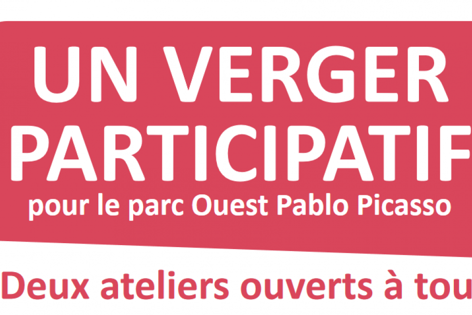 Image agenda où il est marqué le titre de l'événement en texte blanc sur fond rouge : "Un verger participatif pour le parc Ouest Pablo Picasso"