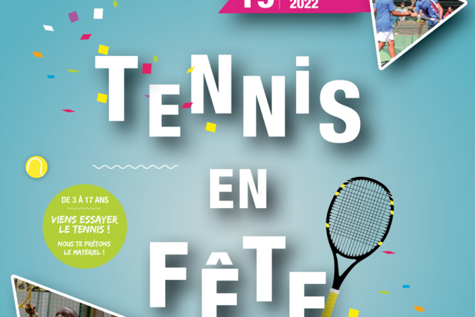 Illustration sur fond bleu avec des photos de personnes jouant au tennis et un pictogramme de raquette