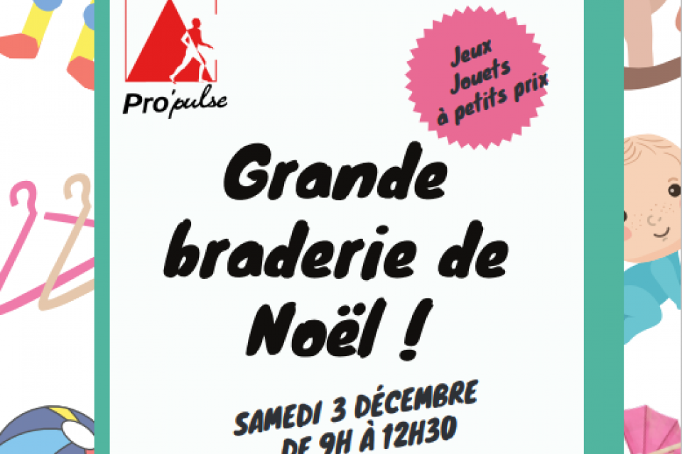 Grande braderie de Noel : image d'illustration de l'événement avec des pictogrammes représentant des jouets, des vêtements, etc.