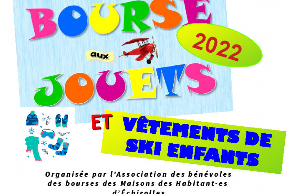 Affiche de la bourse aux jouets et vêtements de ski enfants avec des lettres de couleurs et des petits pictogrammes représentant des vêtements