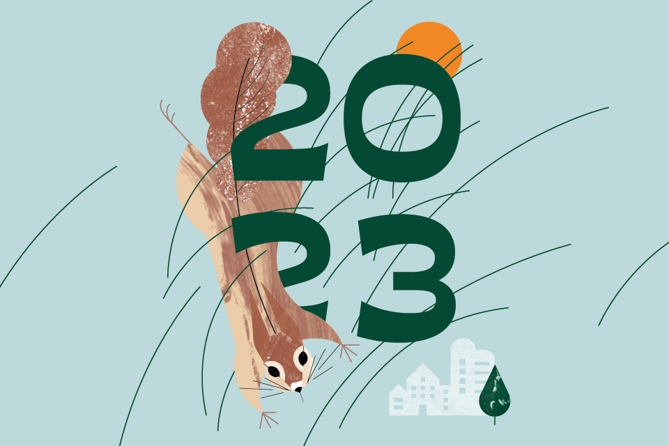 Dessin d'écureuil qui bondit avec "2023" au centre