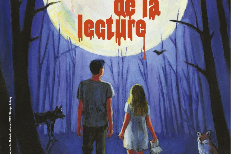 Image officielle des Nuits de la lecture 2023 : deux personnages dans une forêt la nuit, lors d'une pleine lune