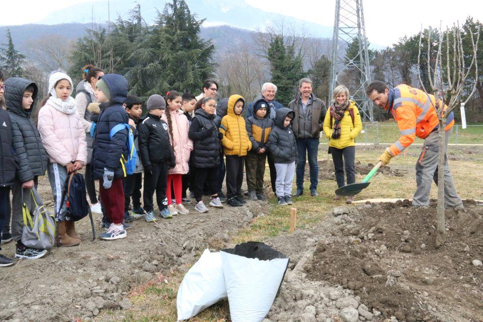 Verger participatif : Le verger sort de terre Les élèves de la classe de CE2 de M. Audegond ont visité le chantier, assisté à la plantation d'un arbre et ont pu poser toutes leurs questions !