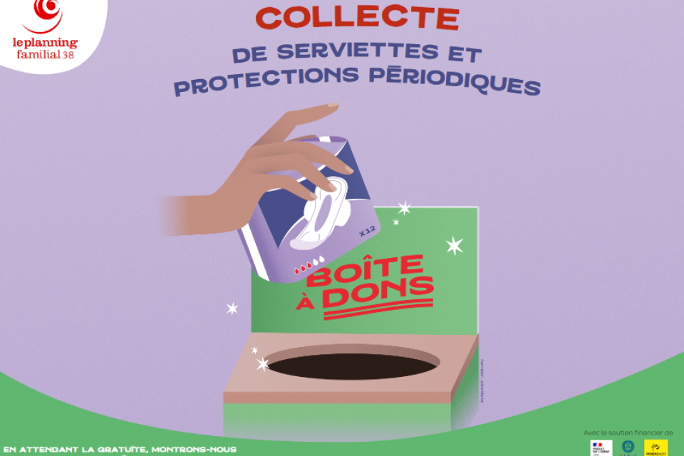 Image de la campagne de communication pour la collecte : une main mettant un paquet de serviettes dans une urne