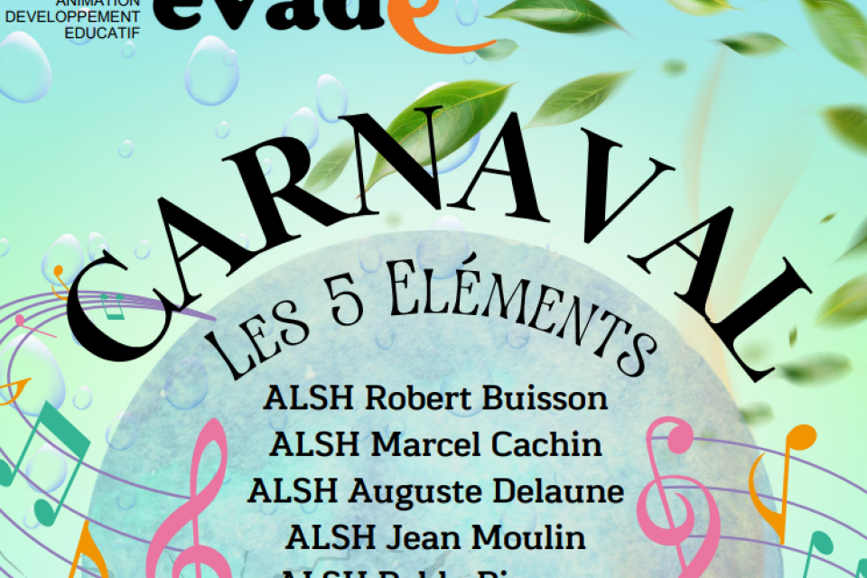Visuel du carnaval avec le logo Evade et le nom de tous les centres de loisirs echirollois