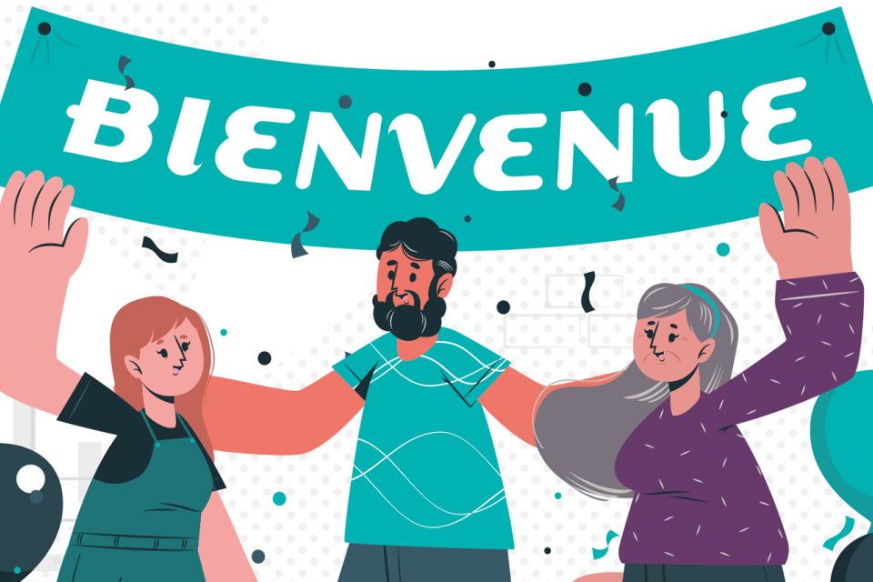 Personnages dessinés devant une pancarte où il est écrit "bienvenue !"