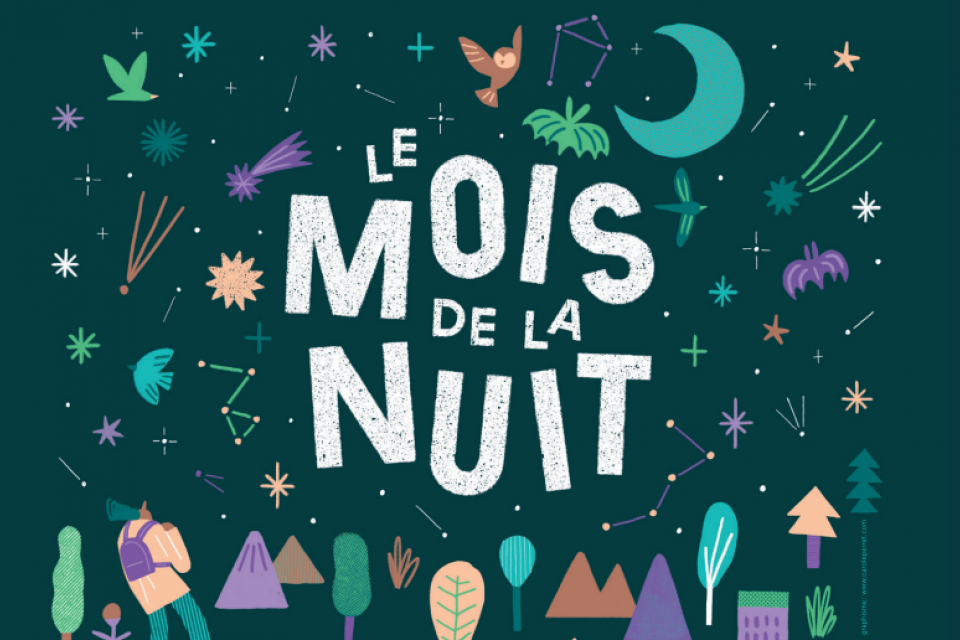Visuel de l'évènement avec des pictogrammes d'éléments visibles la nuit : lune, étoiles, etc.