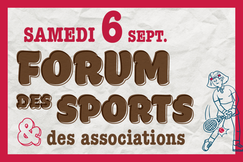 Texte "FORUM DES SPORTS & DES ASSOCIATIONS" avec fond effet papier froissé et pictogramme d'une personne jouant au tennis.