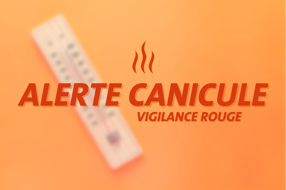 Fond orange avec thermomètre et le texte "Alerte canicule"