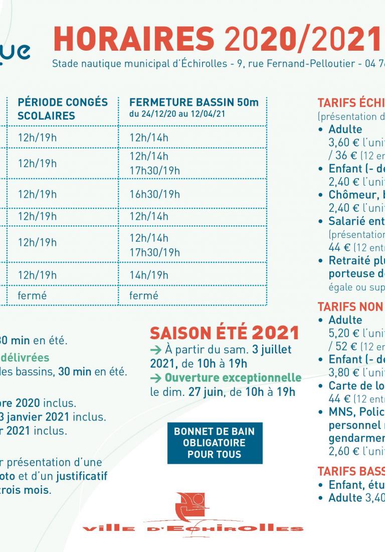 Tableau présentant les horaires et tarifs du stade nautique pour 2020-2021