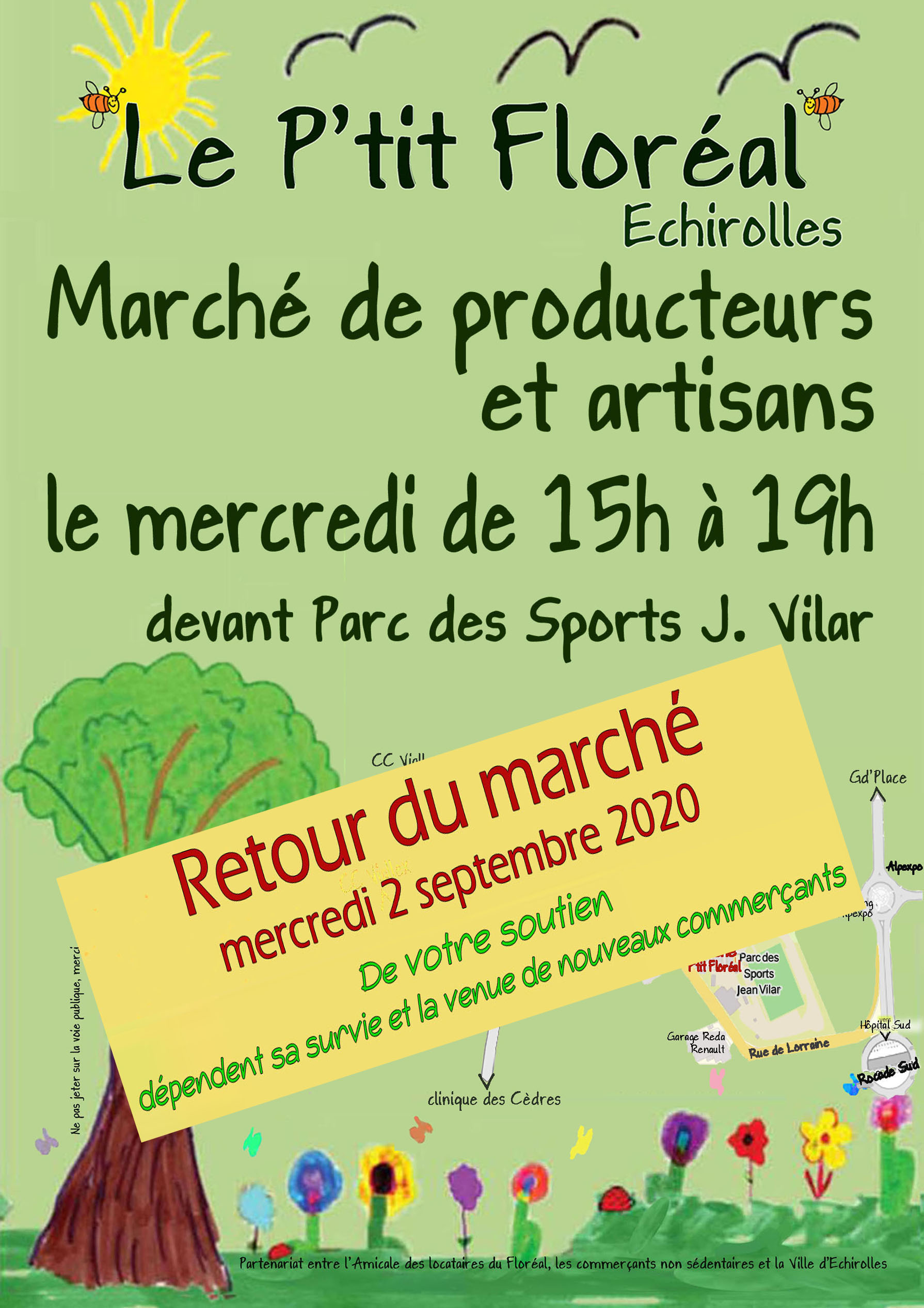 Affiche annonçant la reprise du marché Le P'tit Floréal Affiche annonçant la reprise du marché Le P'tit Floréal